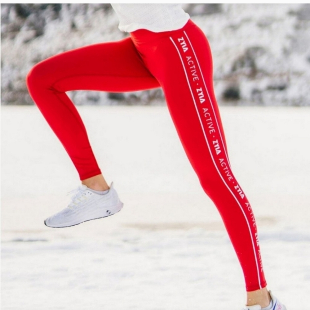 Zyia Light N Tight High Rise Logo Stripe Red Leggings 6-8